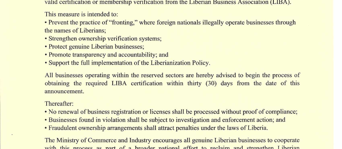 LIBA CERTIFICATION REOUIREMENT FOR RESERVED SECTORS