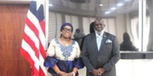 Minister of Foreign Affairs, H.E. Mme. Sara Beysolow Nyanti along with the new World Health Organization (WHO) Country Representative to Liberia, Dr. Olushayo Olu. 